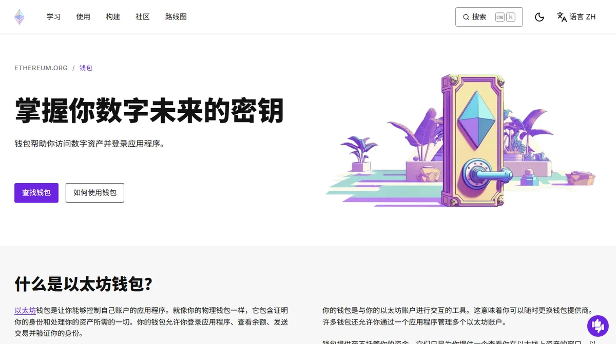 ethereum.org 中文钱包页，标题掌握你数字未来的密钥，副标题钱包帮助你访问数字资产并登录应用程序，下方是什么是以太坊钱包一节