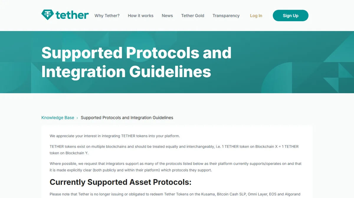 Tether 官网 Supported Protocols and Integration Guidelines 页面，正文写着 TETHER tokens exist on multiple blockchains，下方是 Currently Supported Asset Protocols 小标题